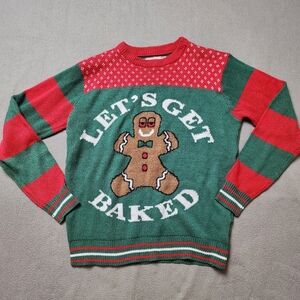 Let’s Get Baked Christmas Sweater Ugly Xmas Sweater Sz Large Gag Humorous Funny